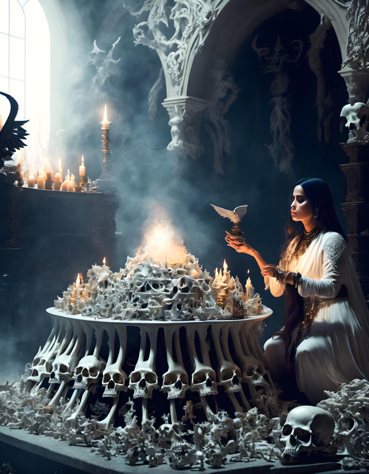 Woman in white dress with butterfly beside candles and skulls under eerie blue light