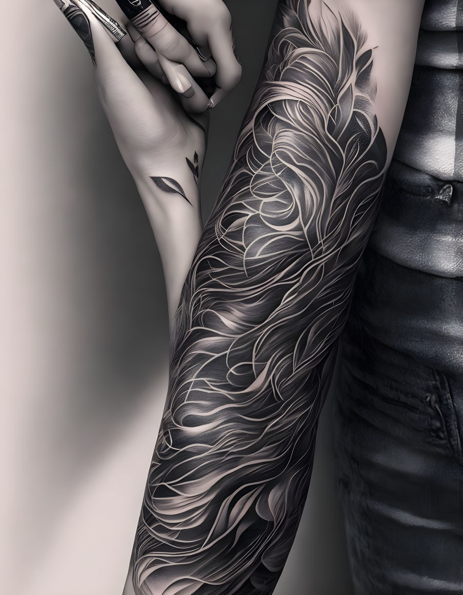 Detailed black and white leaf pattern sleeve tattoo with casual attire