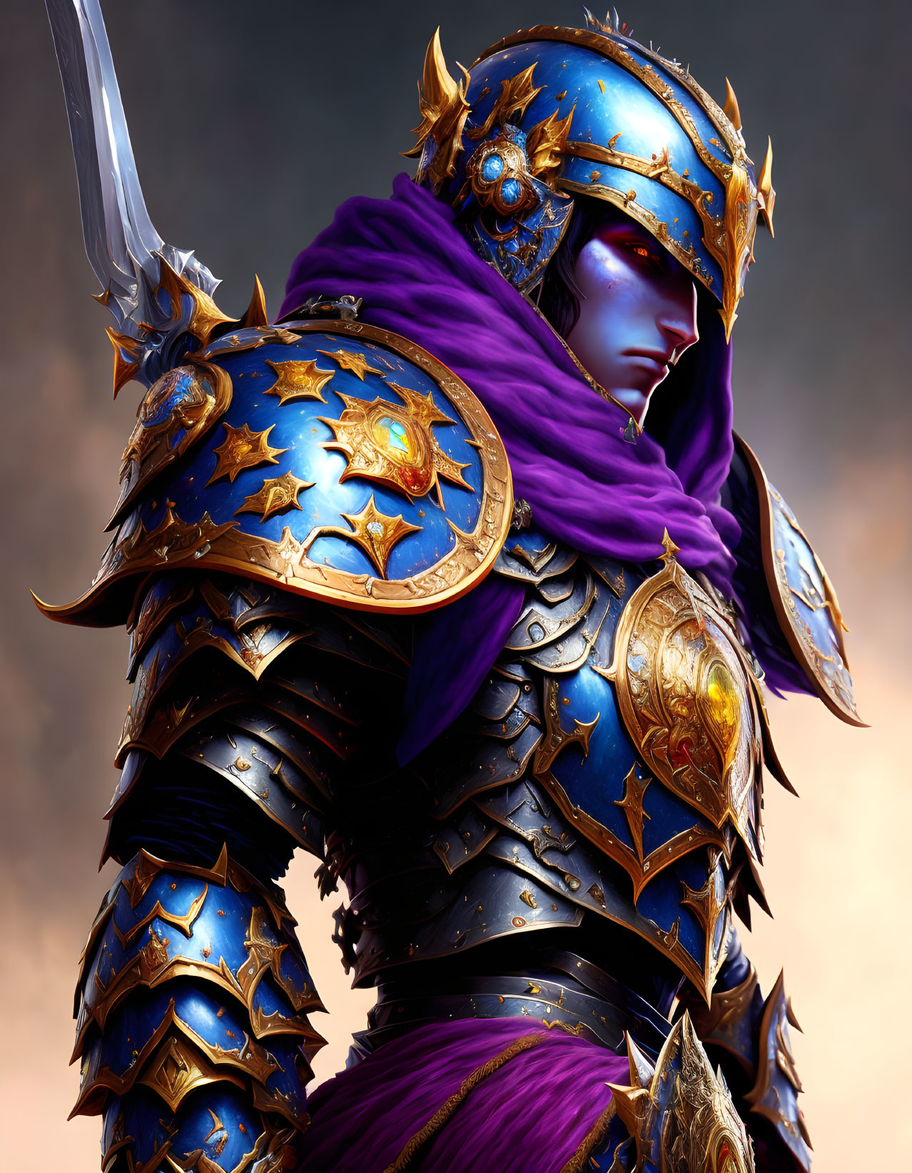 Warrior digital artwork in blue and gold armor with sword and purple cloak