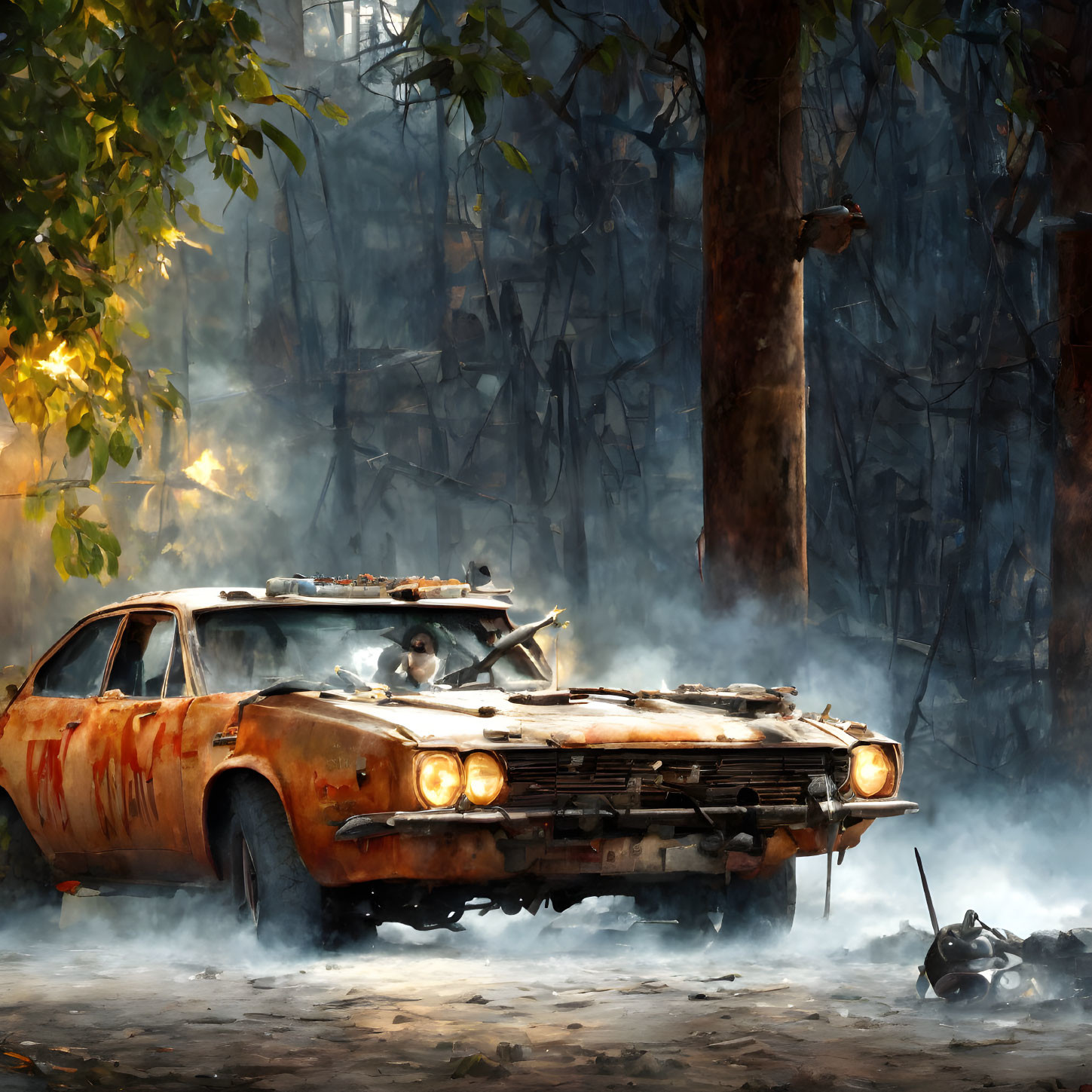 Rusty car with person in misty forest under sunlight