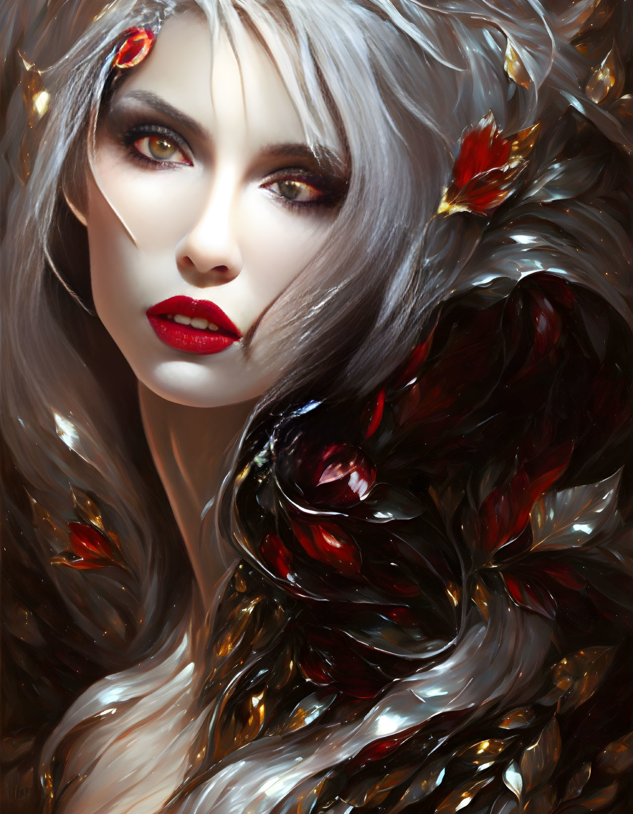 Fantasy portrait of woman with silver hair, intense gaze, red lips, ruby adornments, dark