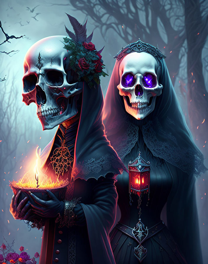 Skeletons in bridal attire with flame and lantern in misty forest with roses