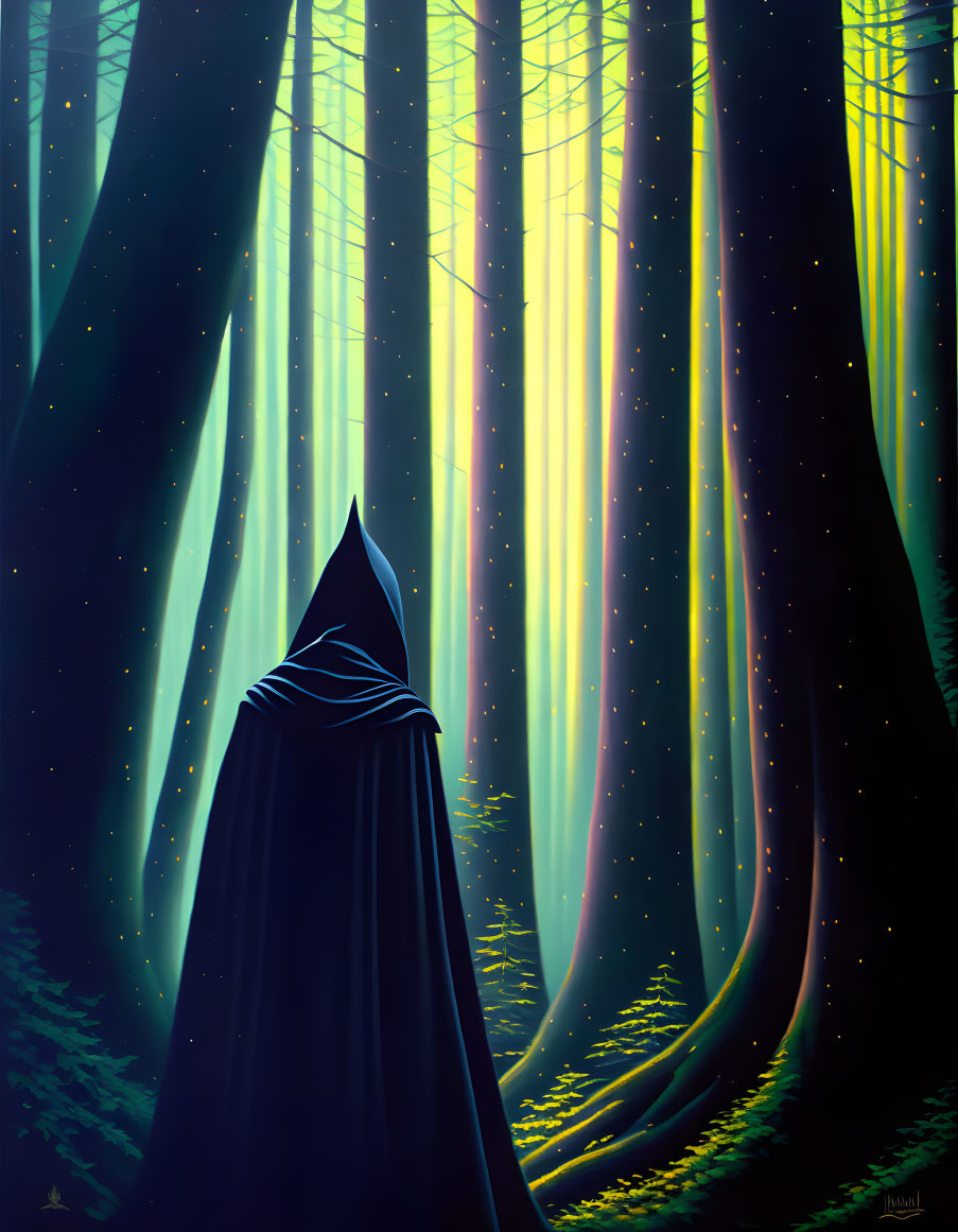 Mystical forest scene with cloaked figure and beams of light