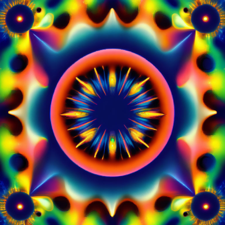 Colorful fractal art: central starburst with multicolored waves & eye motifs