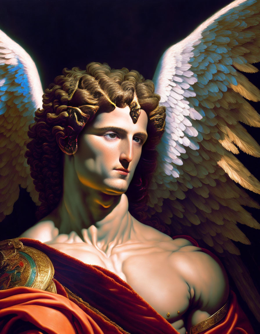 Majestic angel with large feathered wings and intricate armor