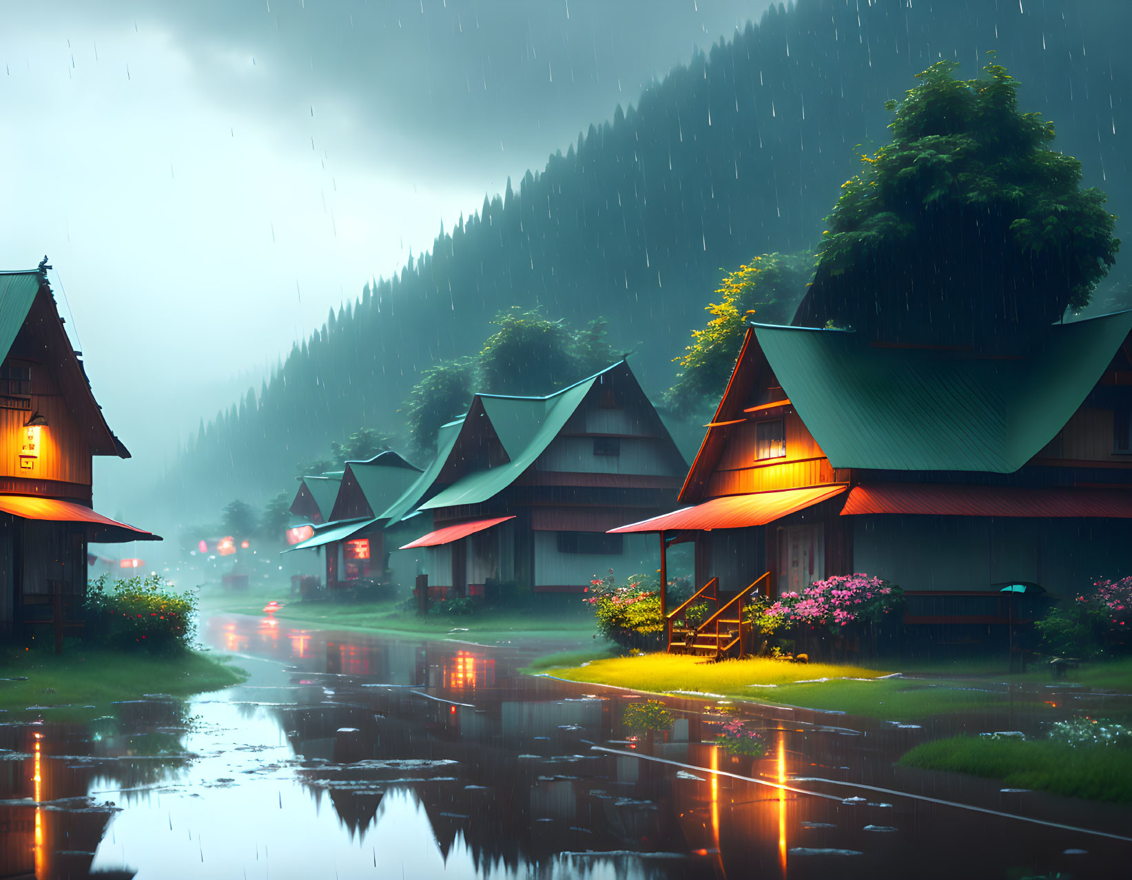 Cozy houses on wet street with warm lights and misty mountains