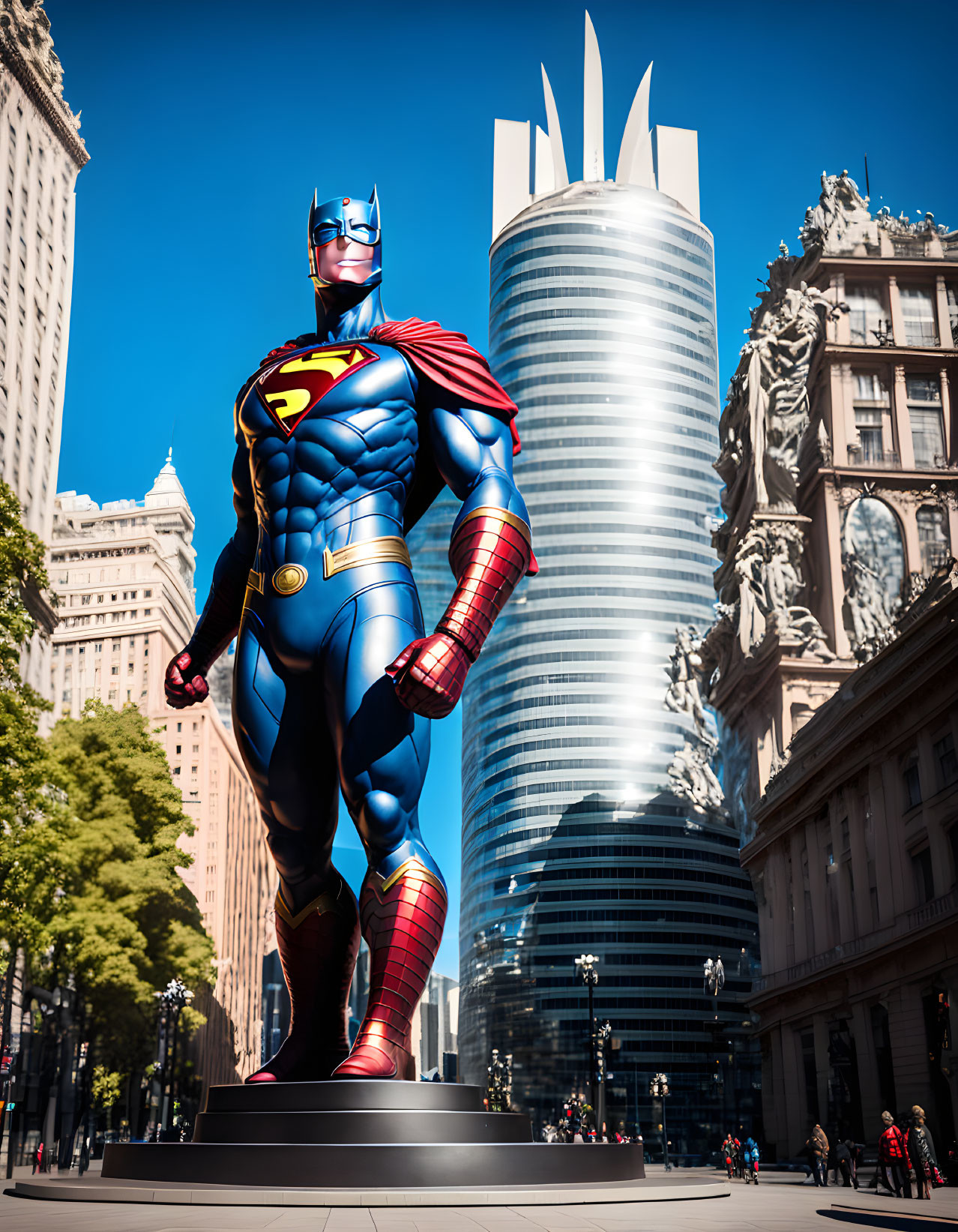 Superhero statue with Batman's cowl and Superman's suit in city plaza