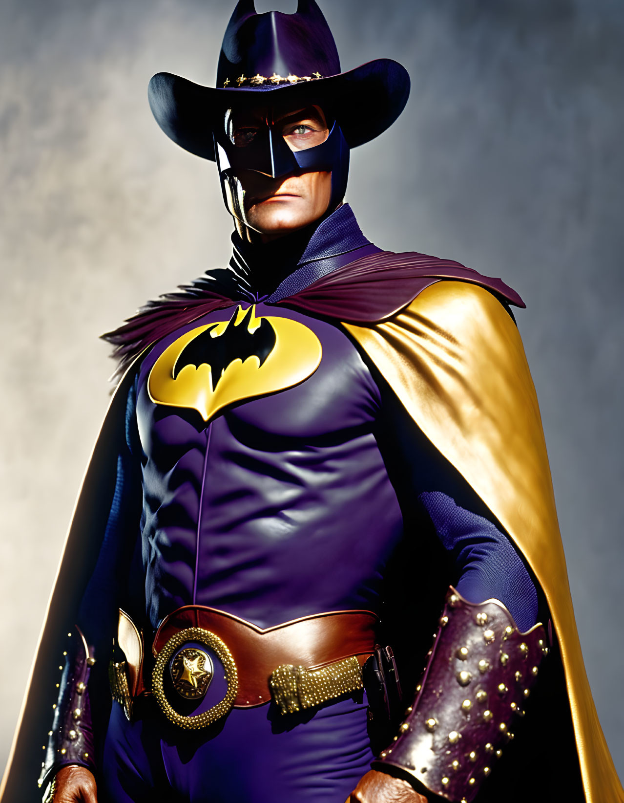 Stylized Batman costume in purple and gold with bat emblem, cowl, and hat