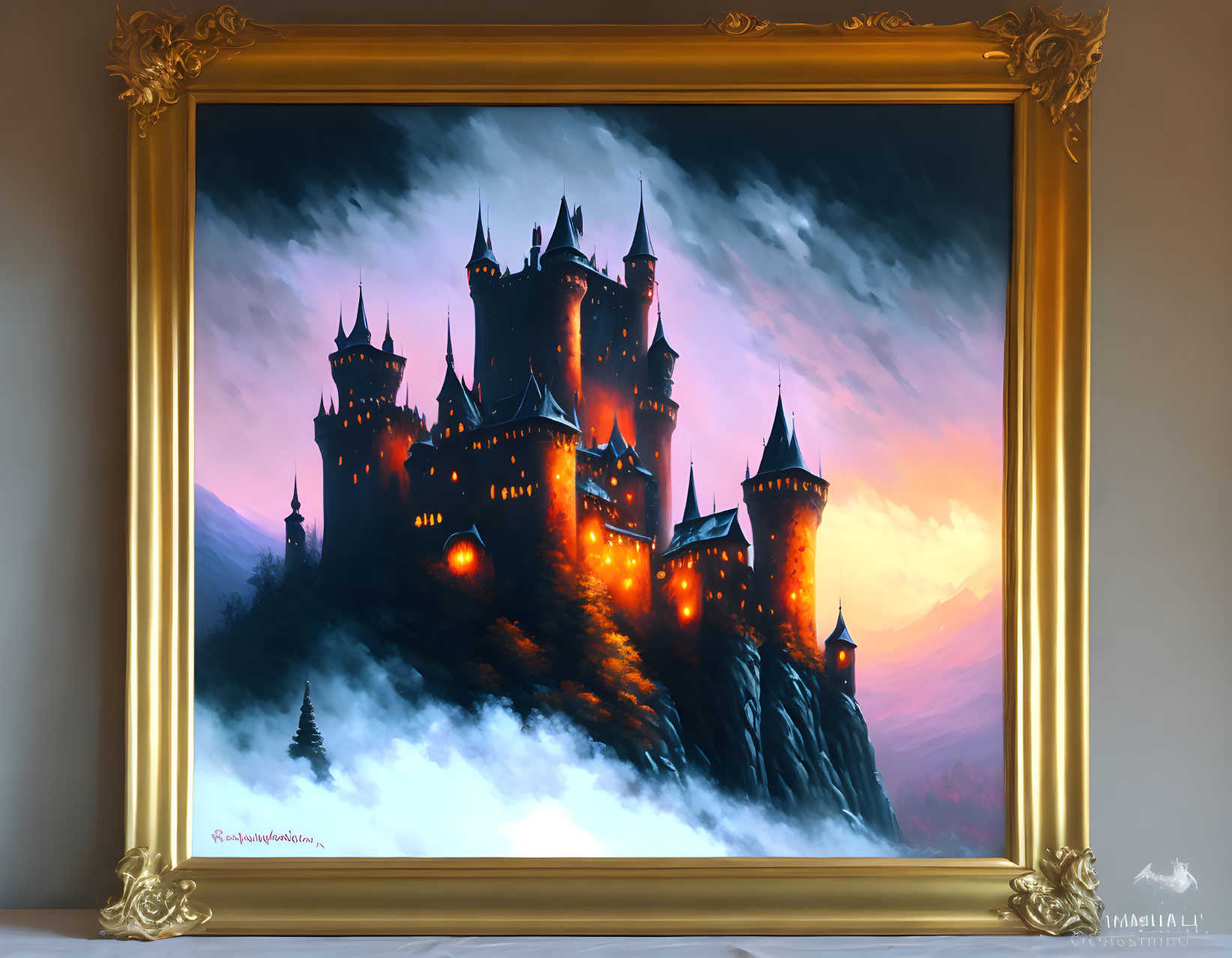 Illuminated castle on mountain at dusk with warm light.