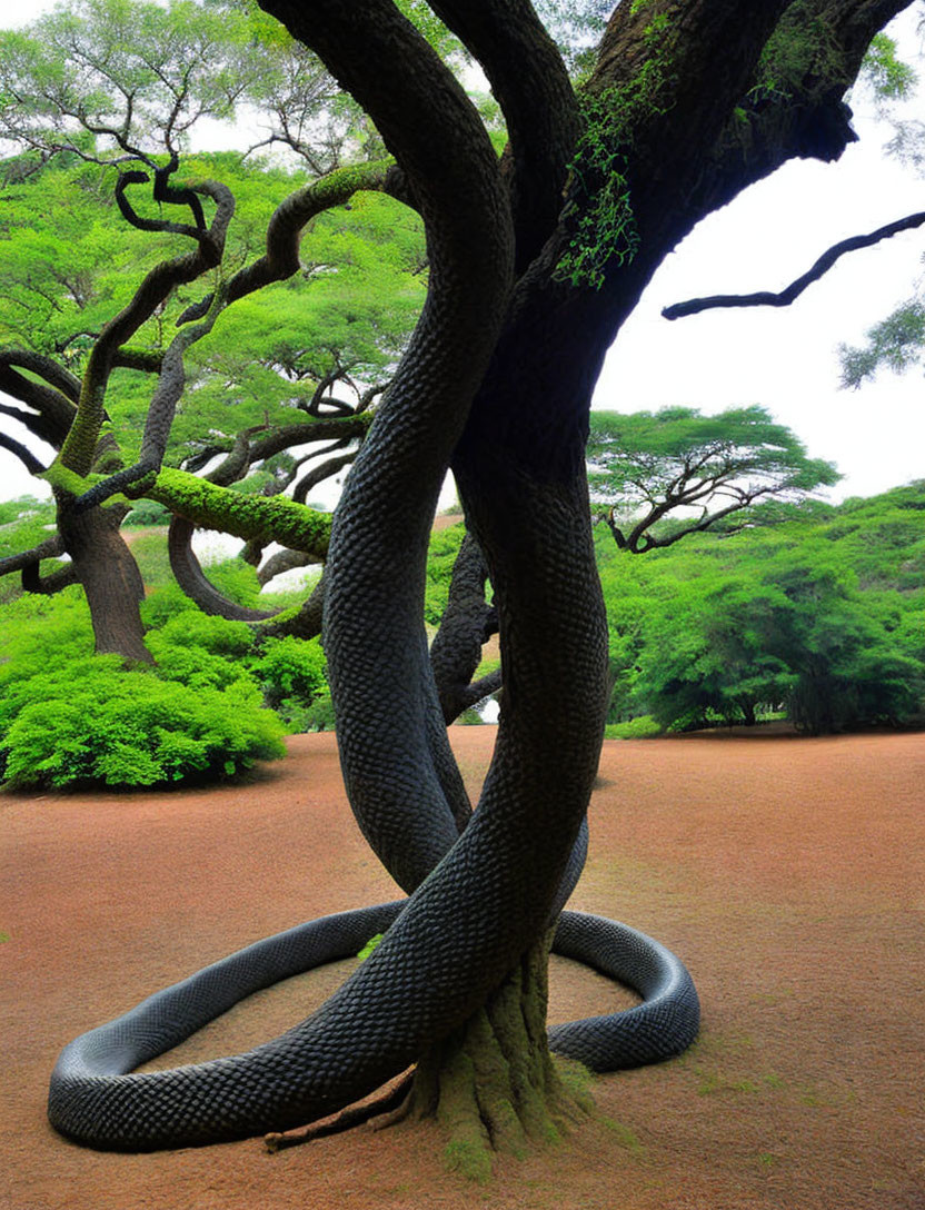 Digital Manipulation: Large Snake Entwined Around Tree in Lush Forest