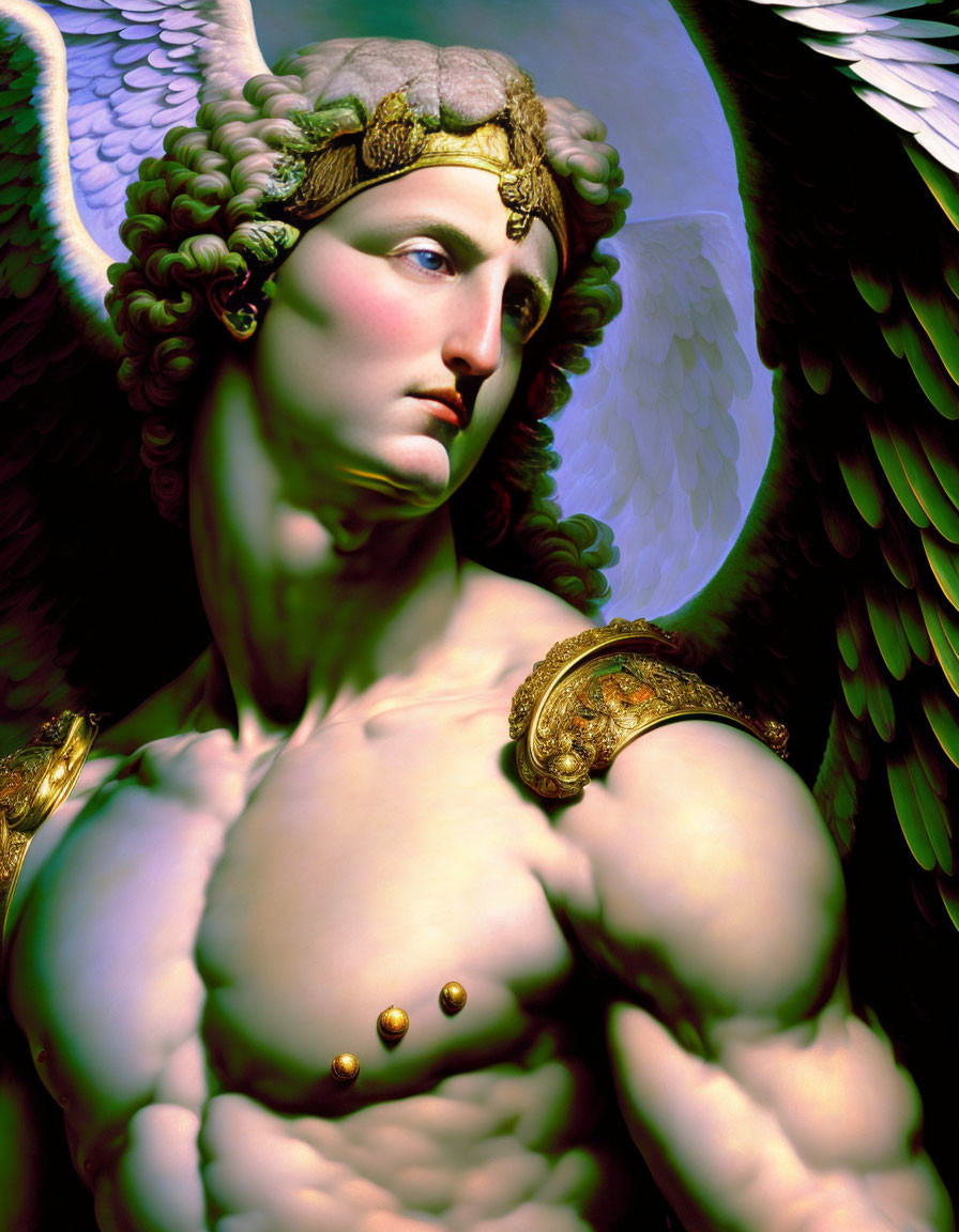 Golden-banded angelic figure with large wings and classical armor in painting