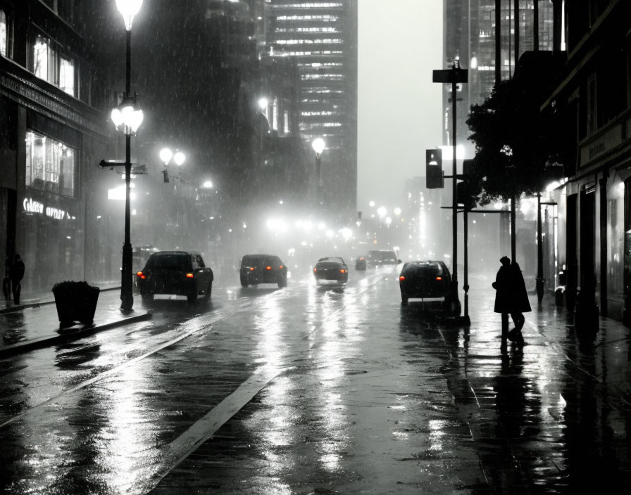 Monochrome city street photo at night with rainy ambiance and pedestrian crossing.