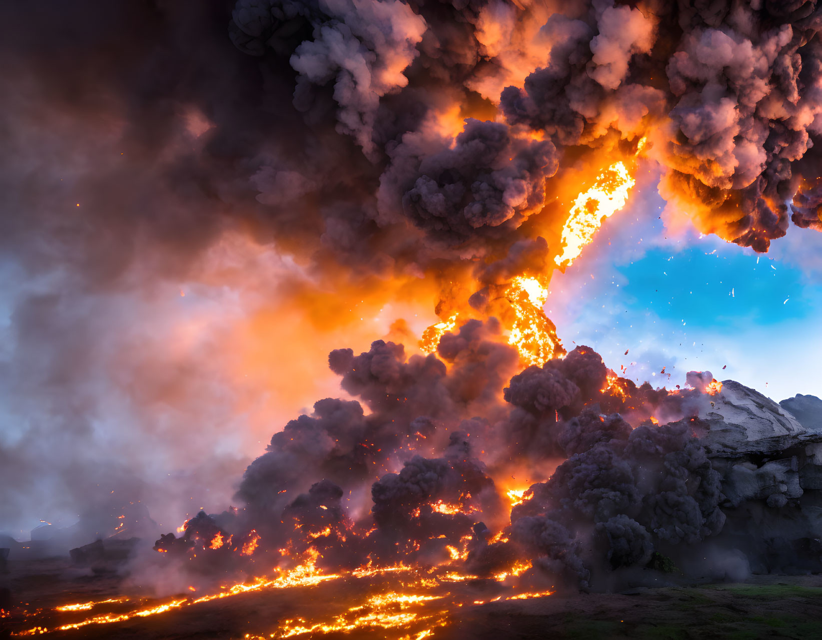 Vibrant lava flows and ash plumes in fiery dusk sky