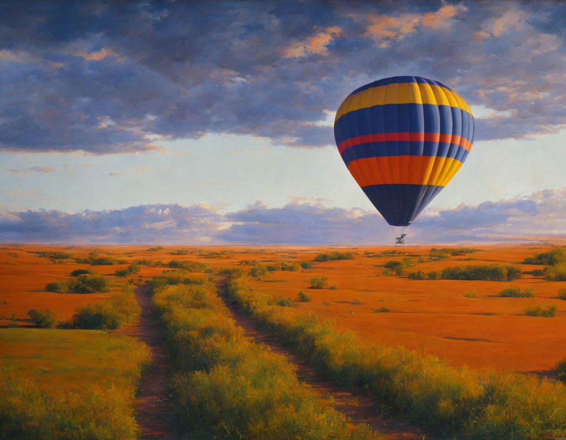 Hot Air Balloon Floating over Serene Orange Landscape at Sunset