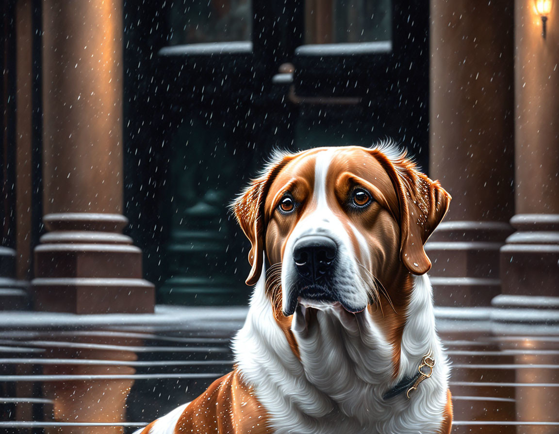 Brown and White Dog Sitting on Porch in Snowfall