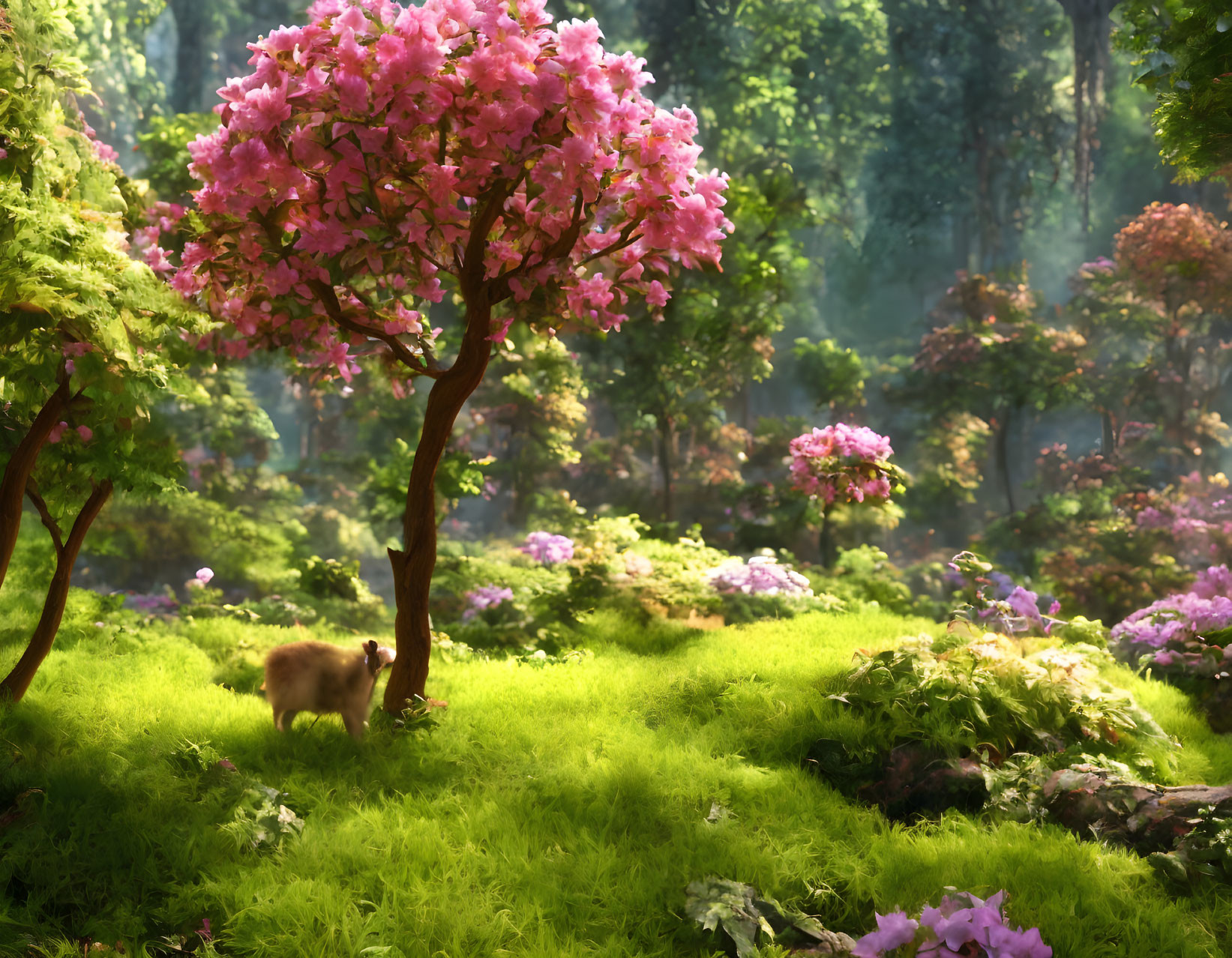 Tranquil garden scene with pink flowering trees and fluffy dog