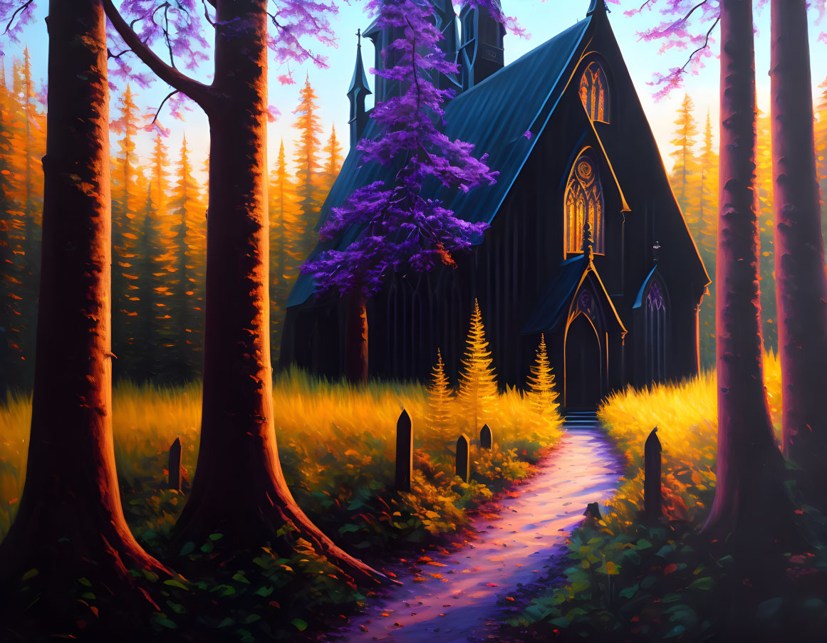 Gothic church in forest with purple tree and sunlit clearings