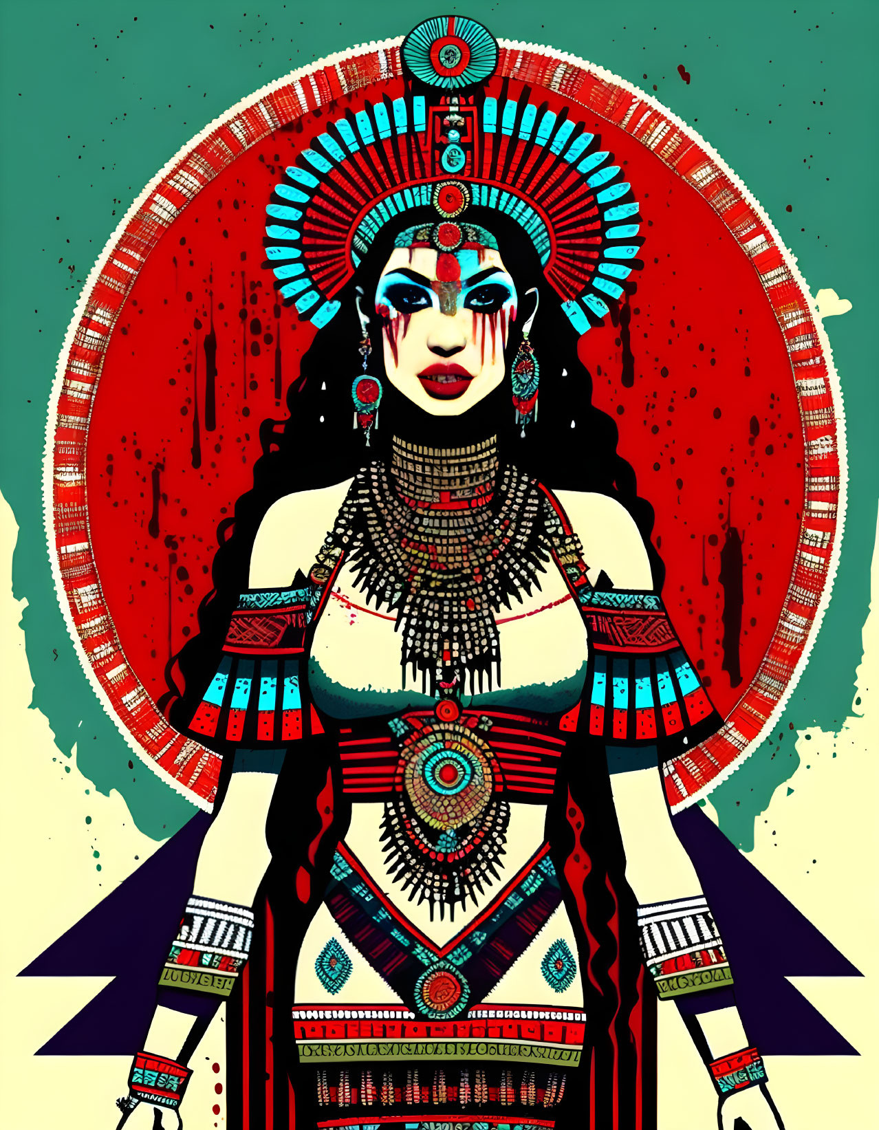 Colorful Aztec-inspired woman illustration with intricate patterns