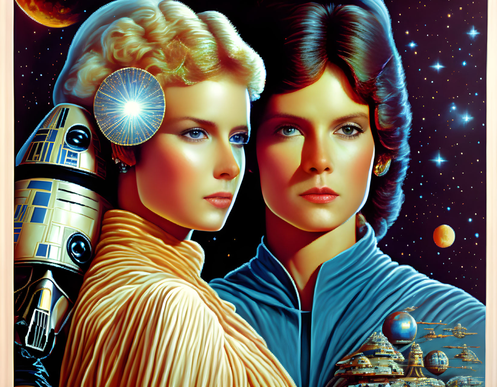 Futuristic retro-style illustration of two women, robot, cosmic backdrop