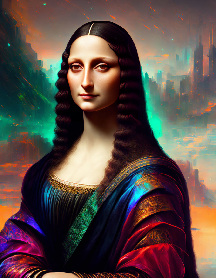 Vividly colored futuristic Mona Lisa with cityscape background