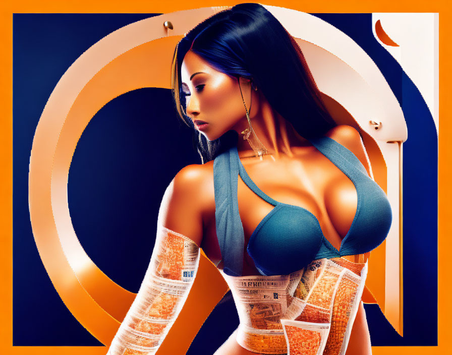 Stylized woman with long hair and newspaper-print arm against orange background