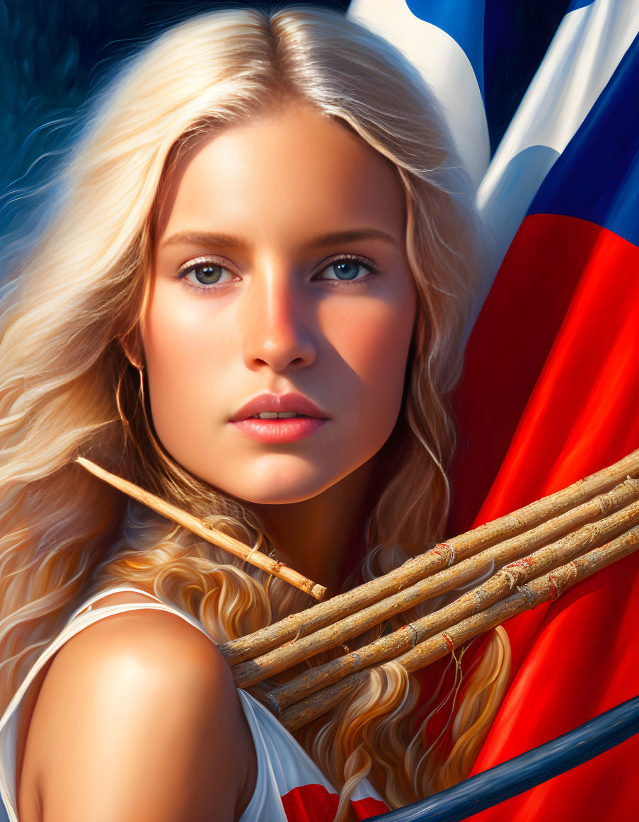 Digital artwork of young woman with blonde hair and blue eyes holding a flag against shaded blue background