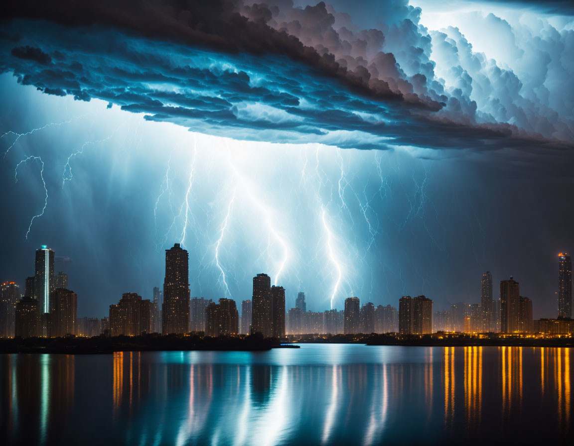 Night cityscape with stormy sky, lightning strikes, and water reflections.