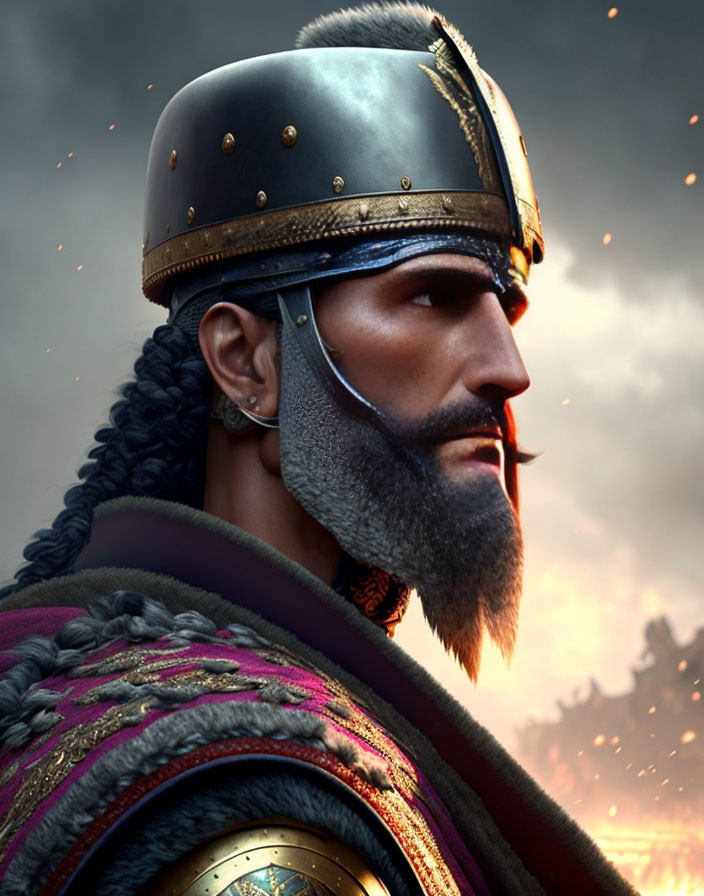 Profile view of bearded warrior in plumed helmet and ornate armor on fiery battlefield