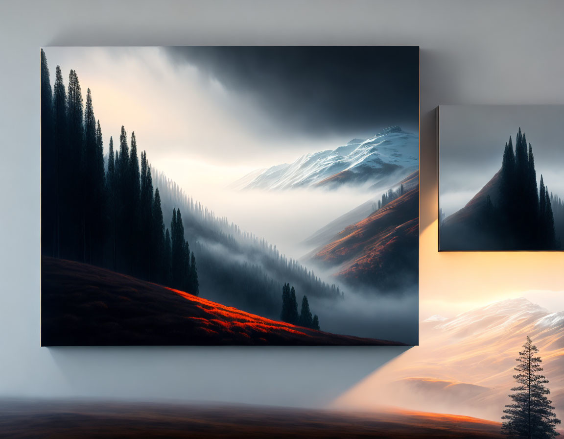 Dramatic Landscape Canvas Print with Trees, Fog, and Snowy Mountains