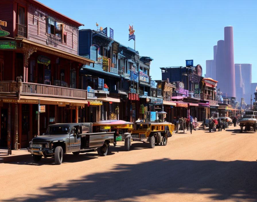 Vintage storefronts and retro vehicles in a modern Old West street scene