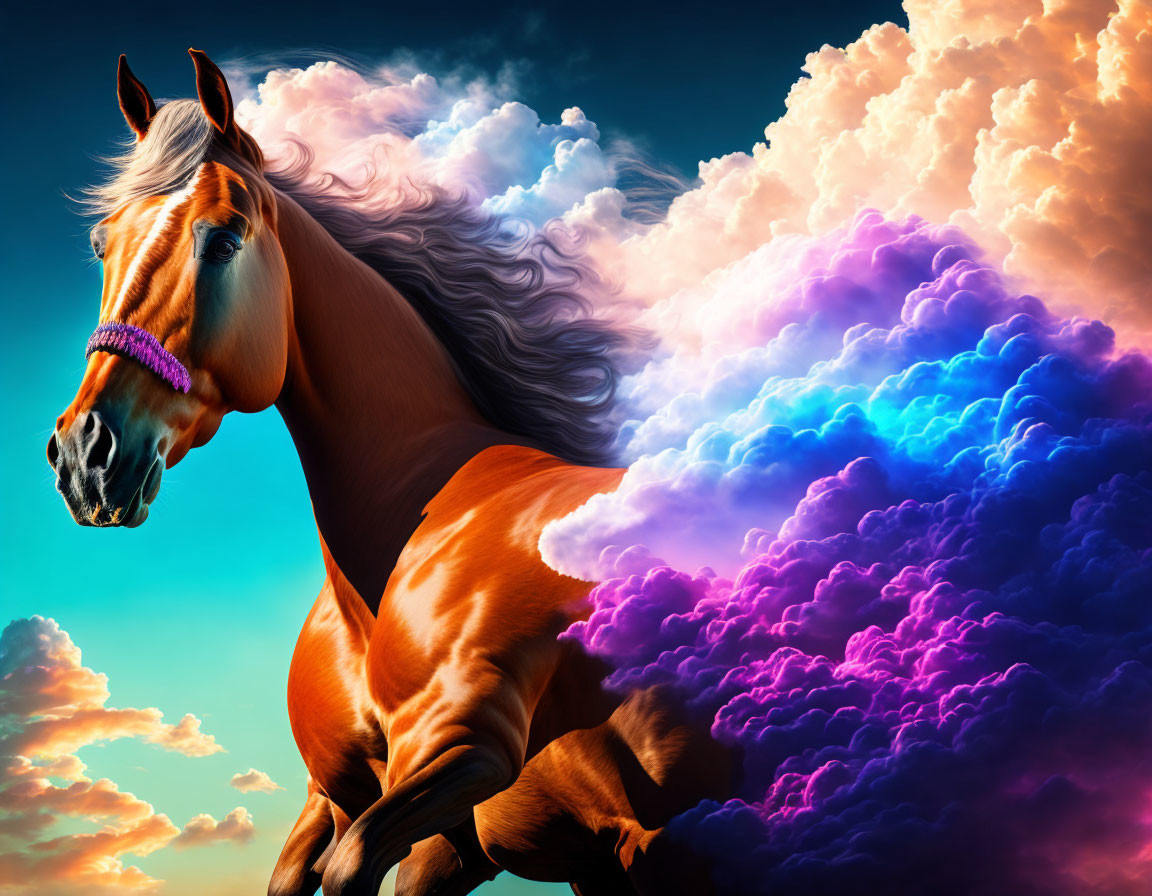 Colorful chestnut horse with flowing mane in vibrant artwork.