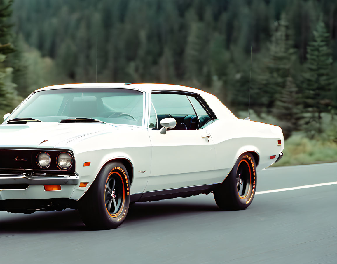 Classic White Muscle Car with Black Stripes Driving on Forest Road