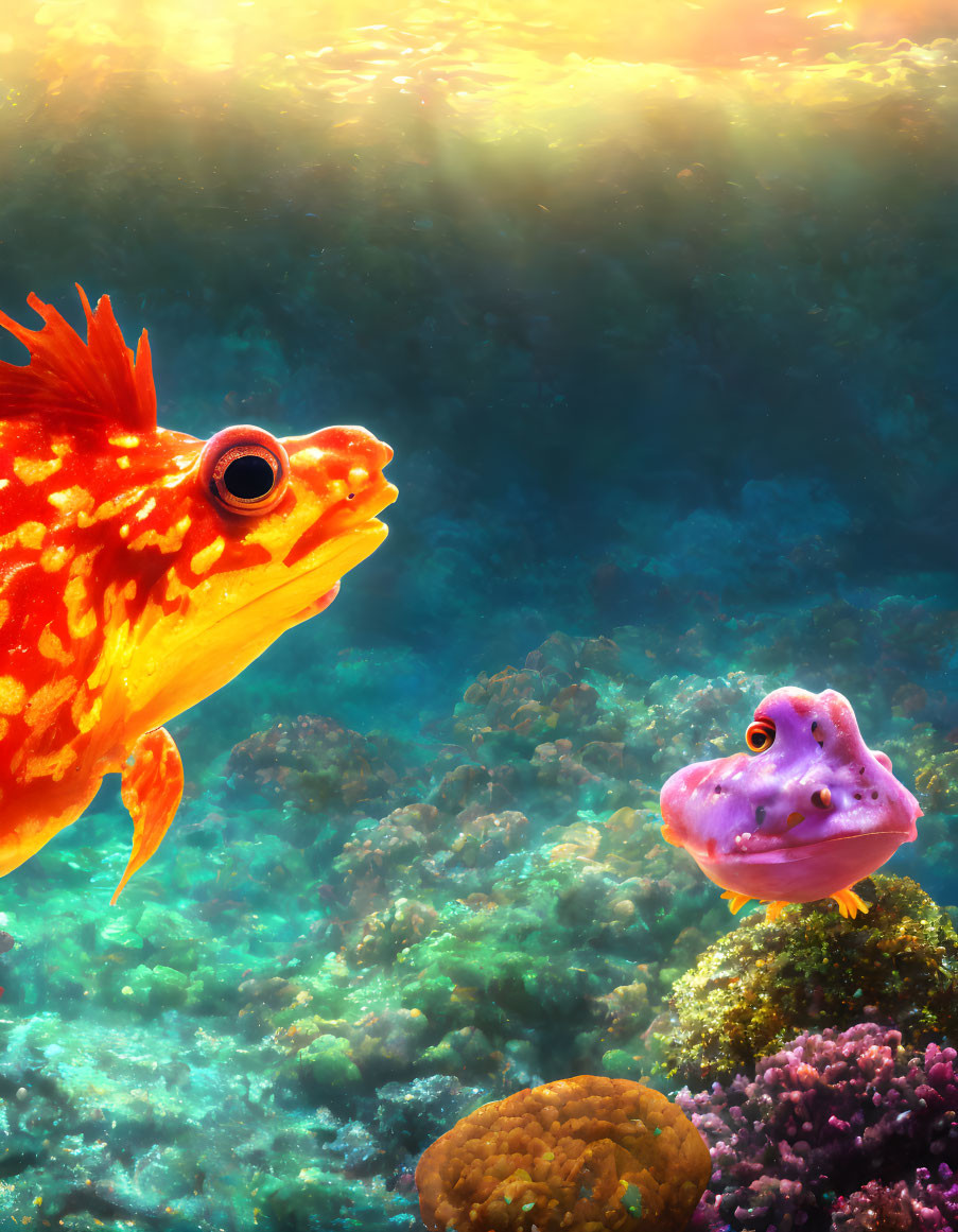 Colorful fish with bulging eyes in vibrant coral reef, illuminated by sunlight.