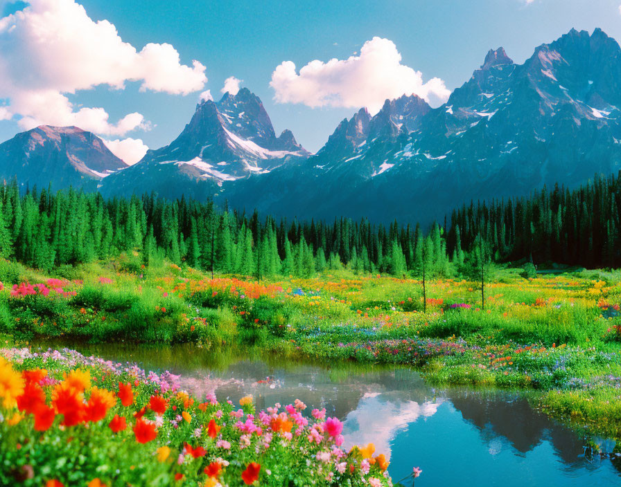 Colorful wildflower meadow, blue river, and majestic mountains in vibrant landscape