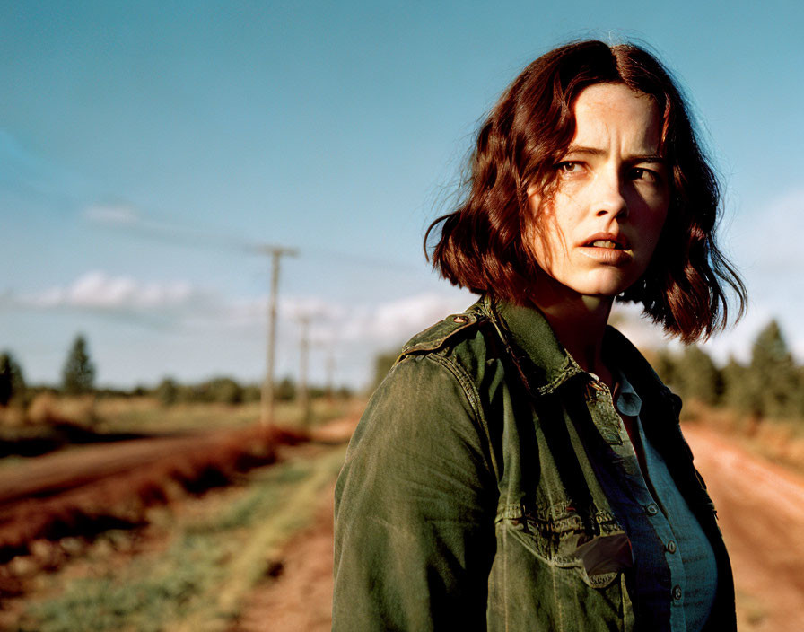 Dark-haired woman in green jacket on dirt road with telegraph poles and blue skies