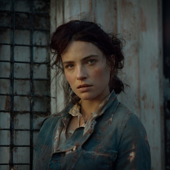 Tousled hair woman with dirt-streaked face against rusty metal background