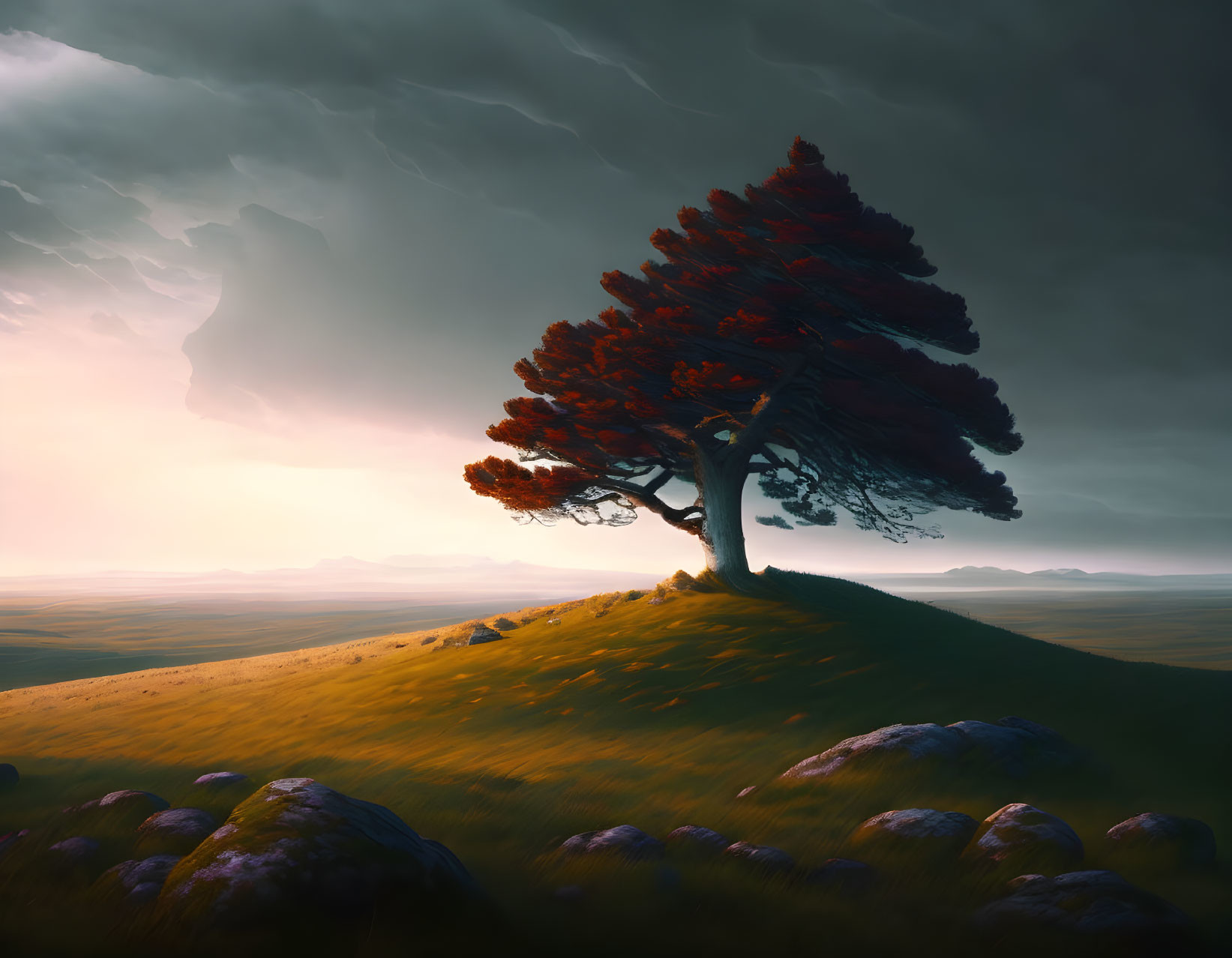 Solitary tree with red leaves on grassy hill at sunset under stormy sky