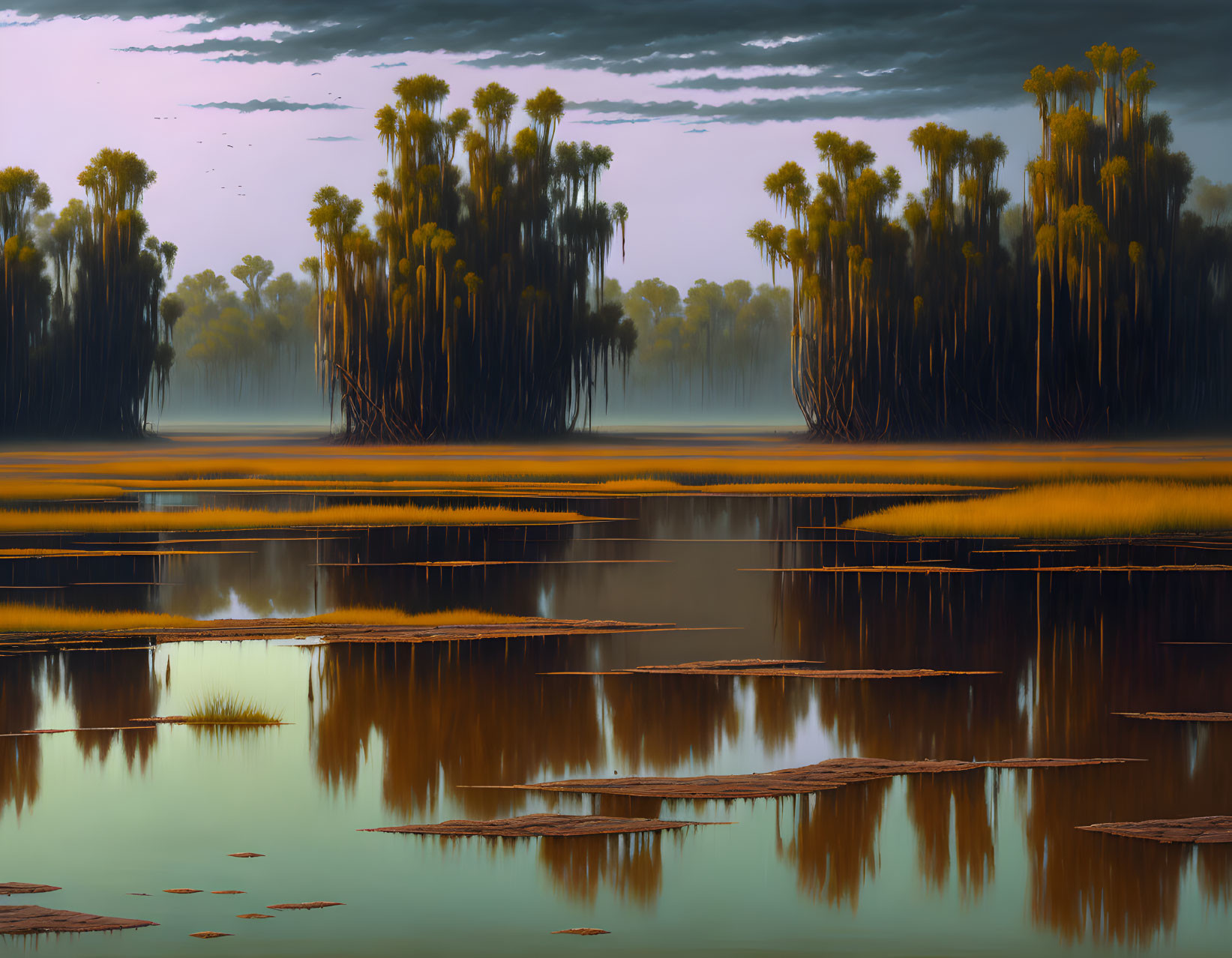 Twilight wetlands: tall trees, still water, amber grasses, birds in serene sky