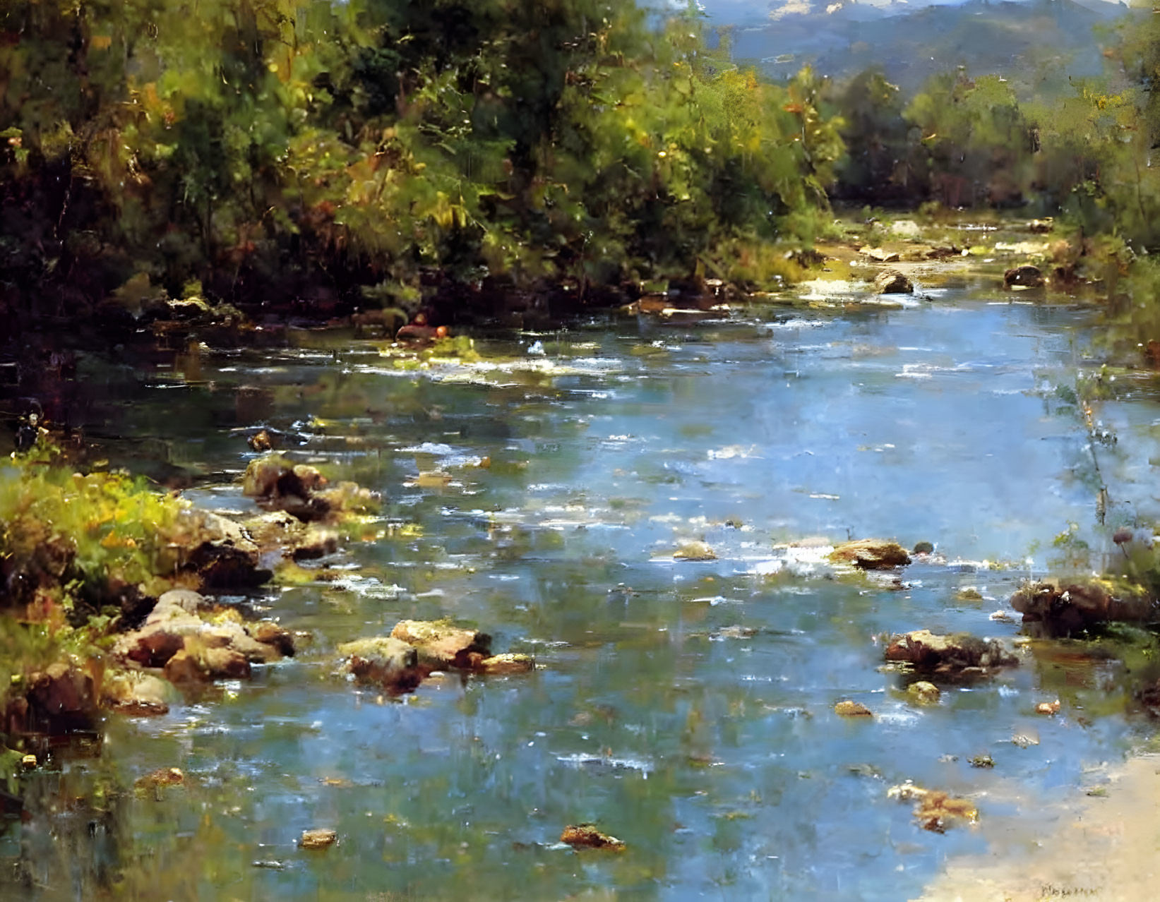 Tranquil river scene with lush greenery and clear blue sky