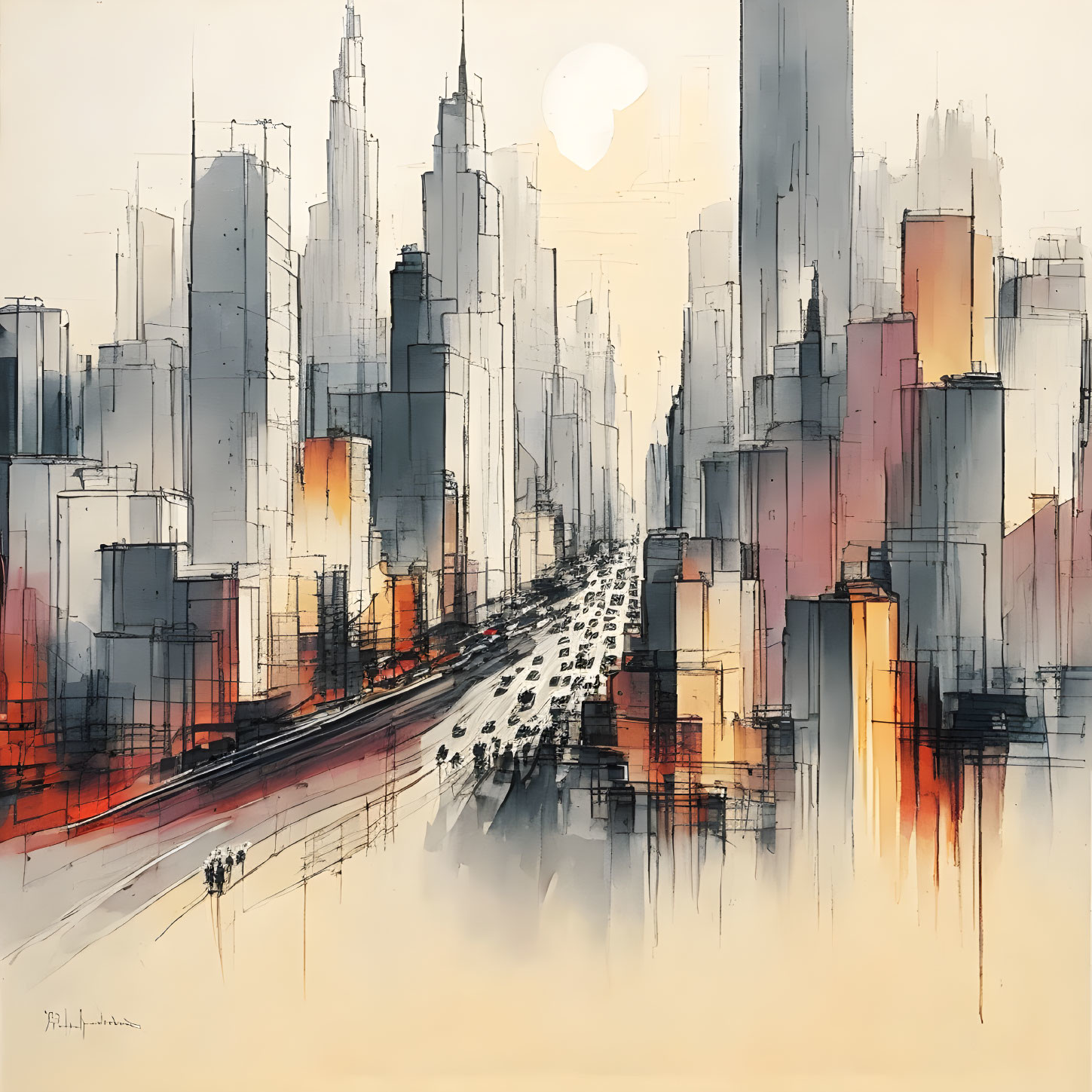 Stylized cityscape painting with skyscrapers, busy street, reflections, and pale sun