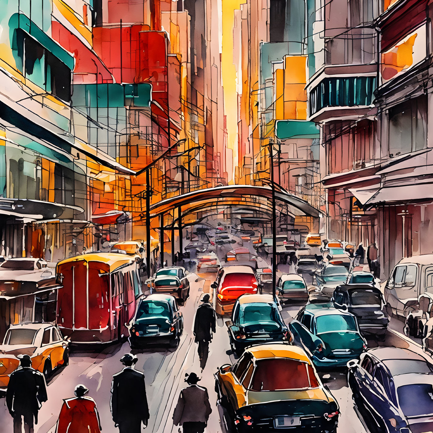 Colorful watercolor cityscape with diverse architecture and bustling street life