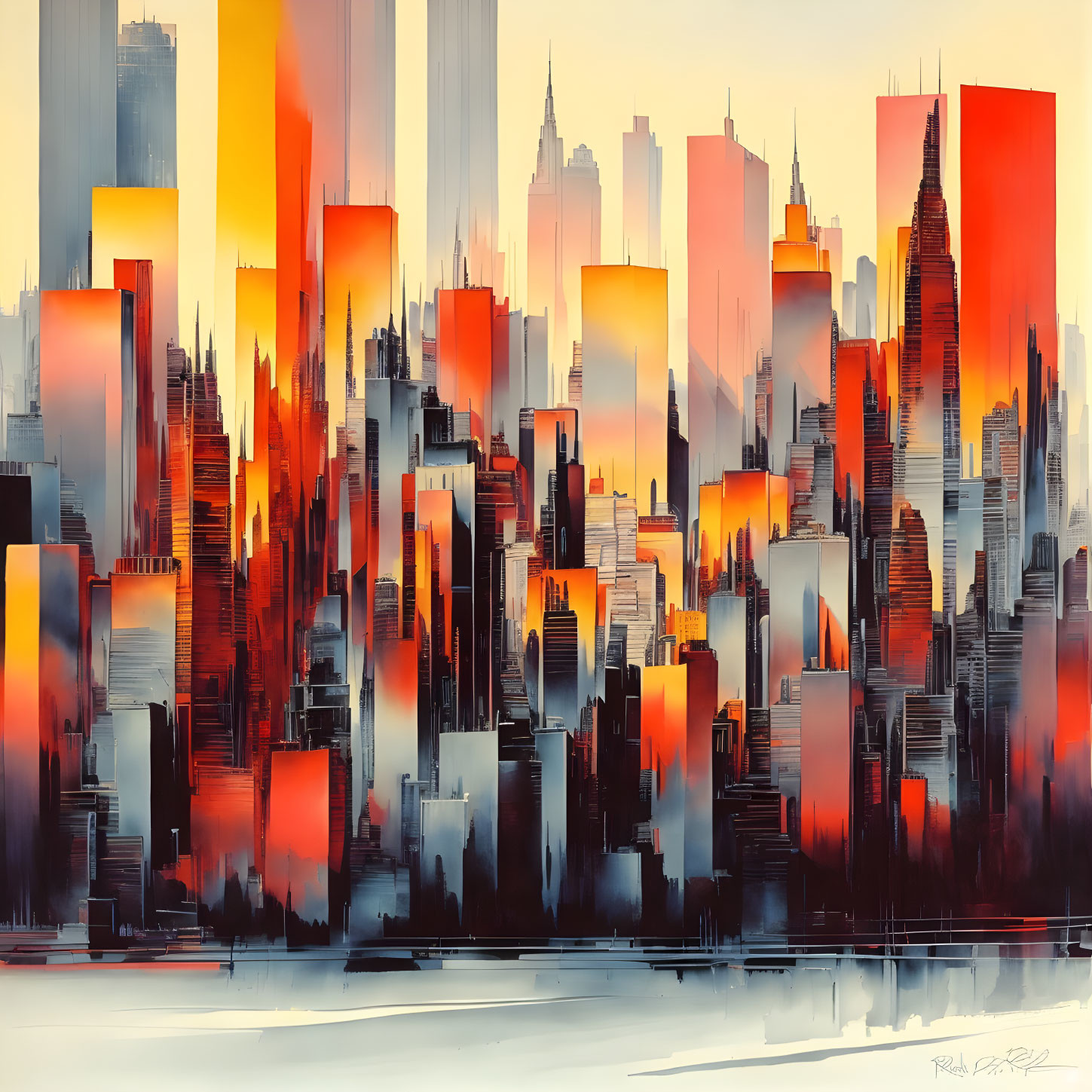 Colorful Abstract City Skyline Painting in Red and Orange Hues