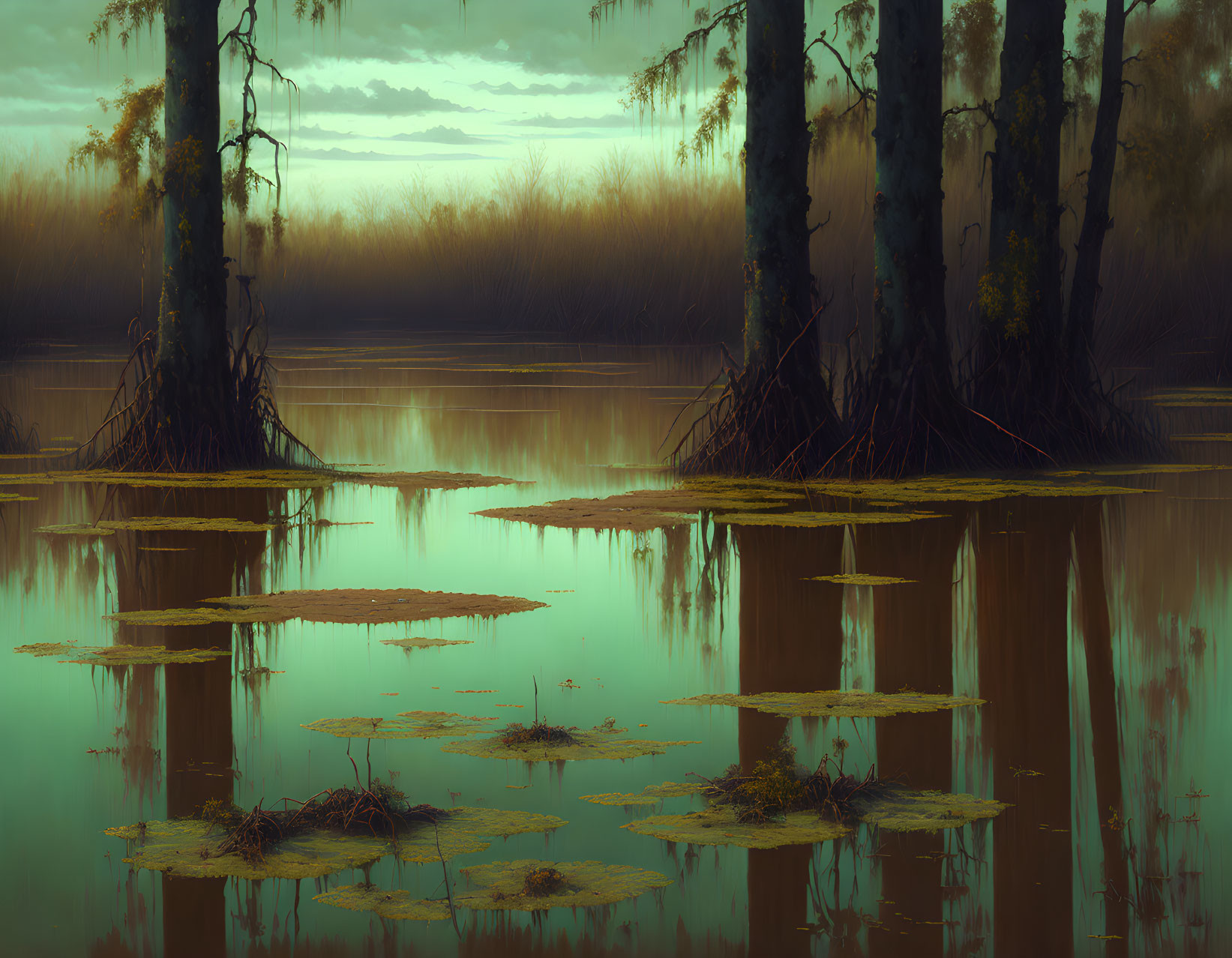 Tranquil swamp scene with towering trees and floating lily pads