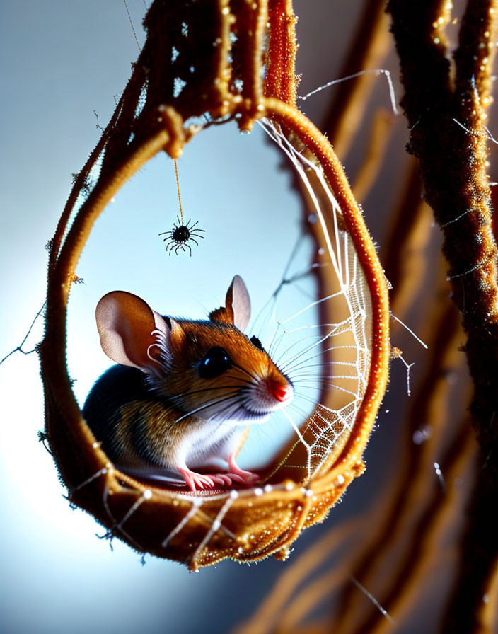 Mouse and Spider Encounter on Dew-Covered Twig Loop