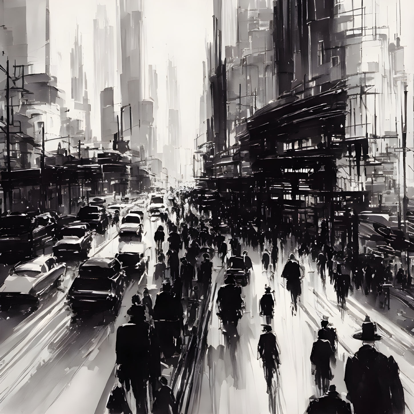 Expressive monochrome cityscape with bustling crowds and traffic