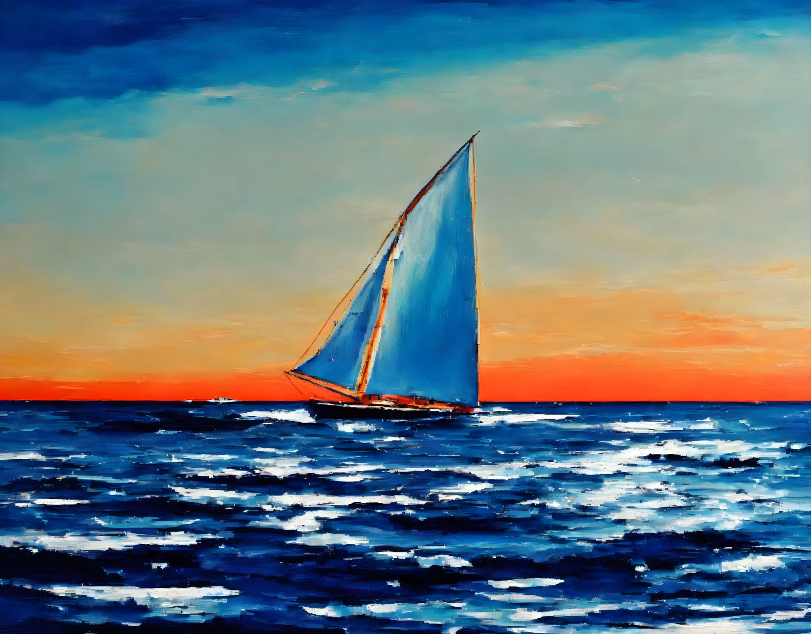 Solitary sailboat with blue sails in vibrant orange sunset