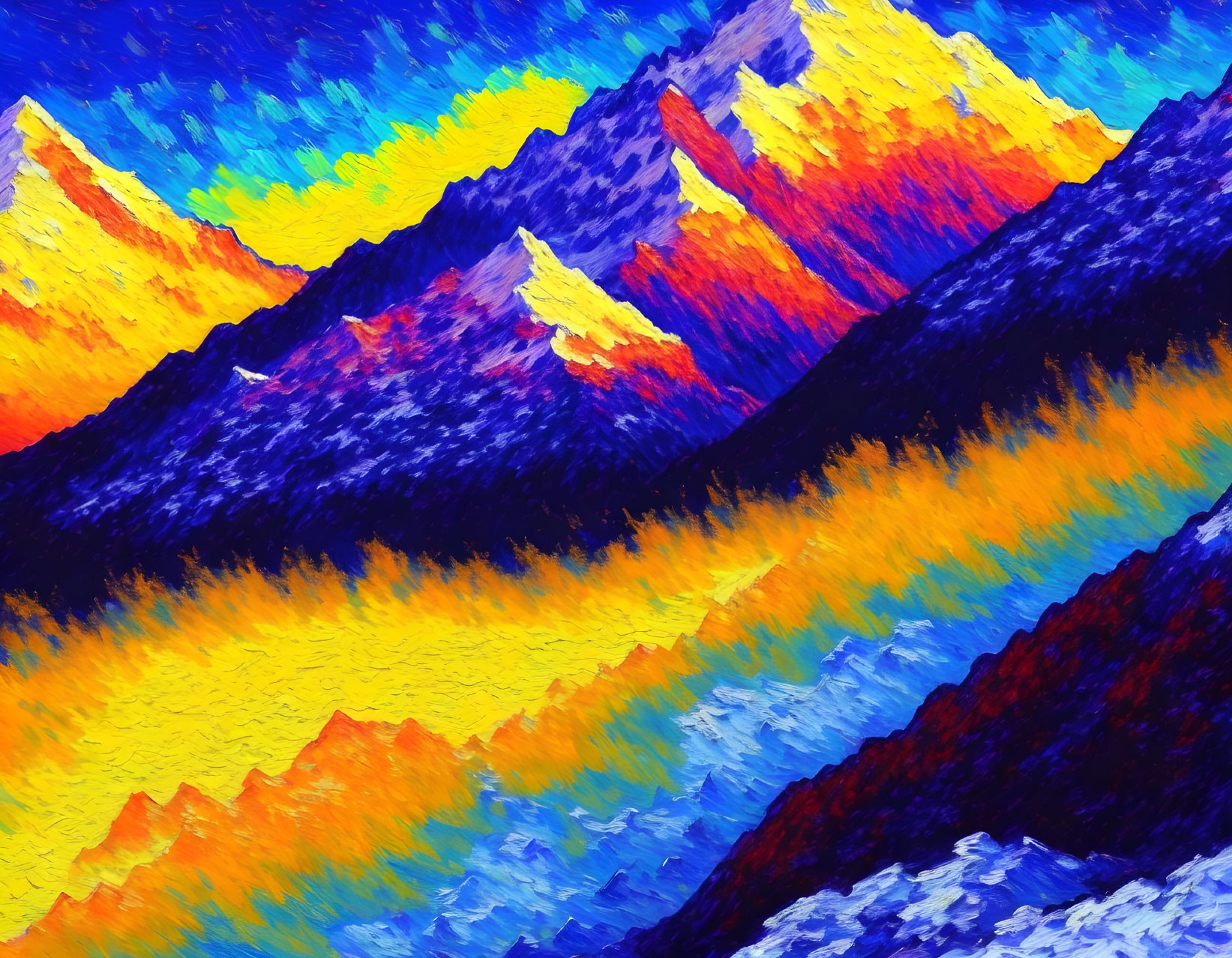 Colorful Impressionist Painting of Mountain Peaks in Blue, Orange, and Yellow