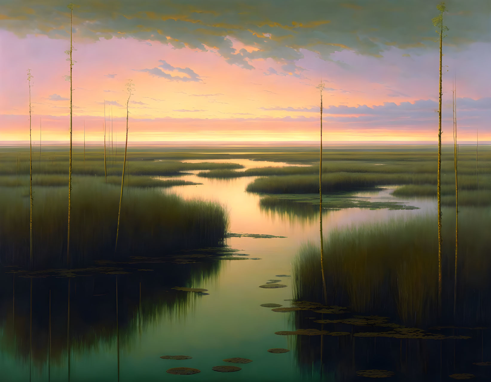 Tranquil wetland scene with tall reeds and lily pads at sunset