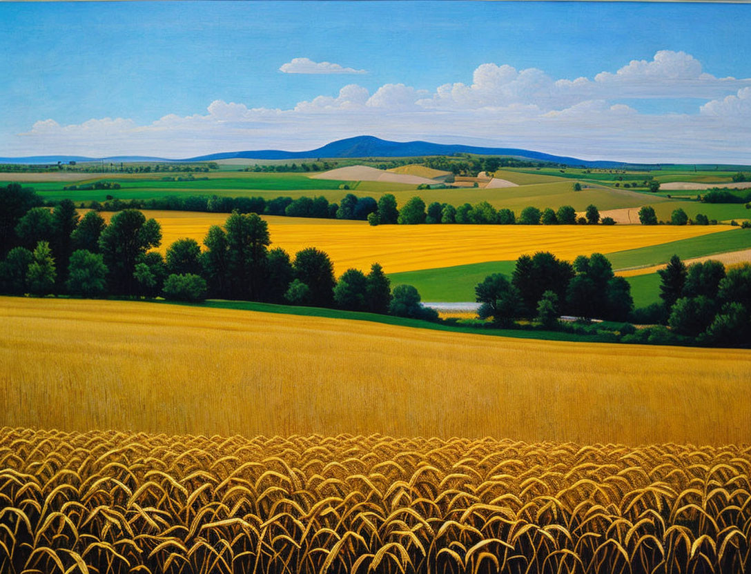 Colorful rural landscape painting with golden wheat fields, green patches, trees, and blue skies.