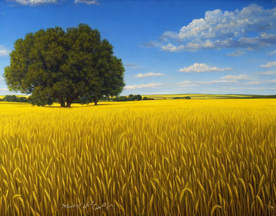 Golden wheat field and leafy tree in vibrant landscape